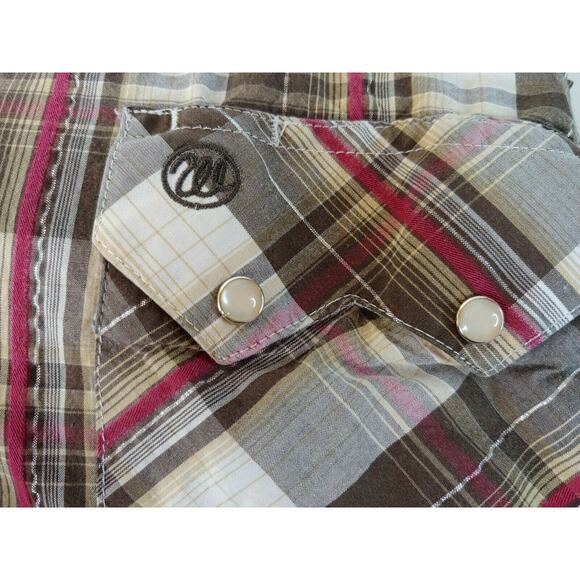 Wrangler Mens Medium Long Sleeve Brown/Red Plaid Pearl Snap Shirt - Picture 7 of 9